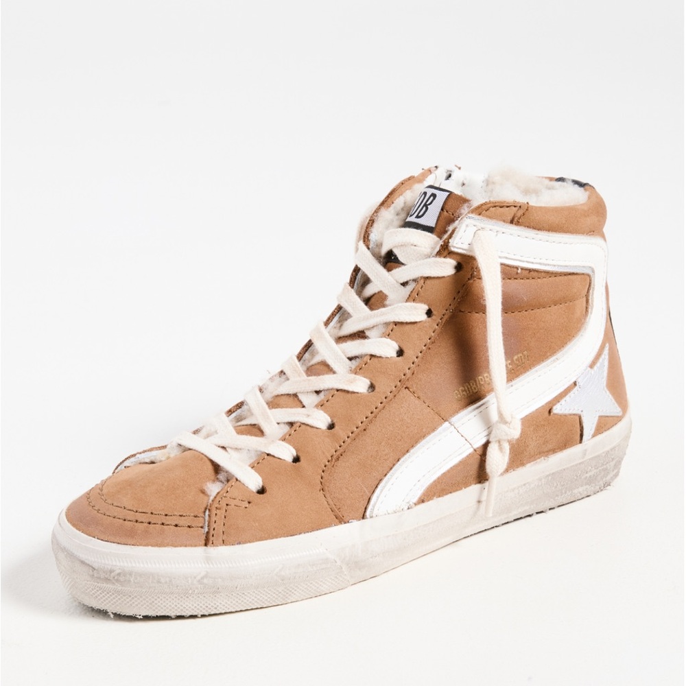 Golden Goose slide cognac leather cowhide w shearling liner sz 36 (will fit 37)